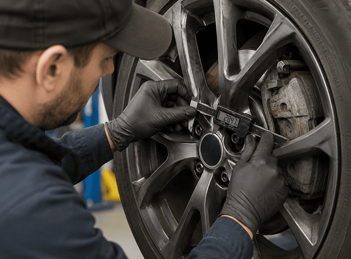 Mobile mechanic in Albuquerque measuring brake rotor thickness with a digital caliper during a brake inspection
